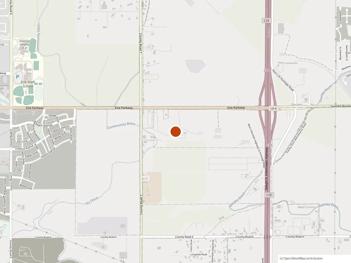 Map showing Wild Bill's yard south of Erie Parkway, west of I-25